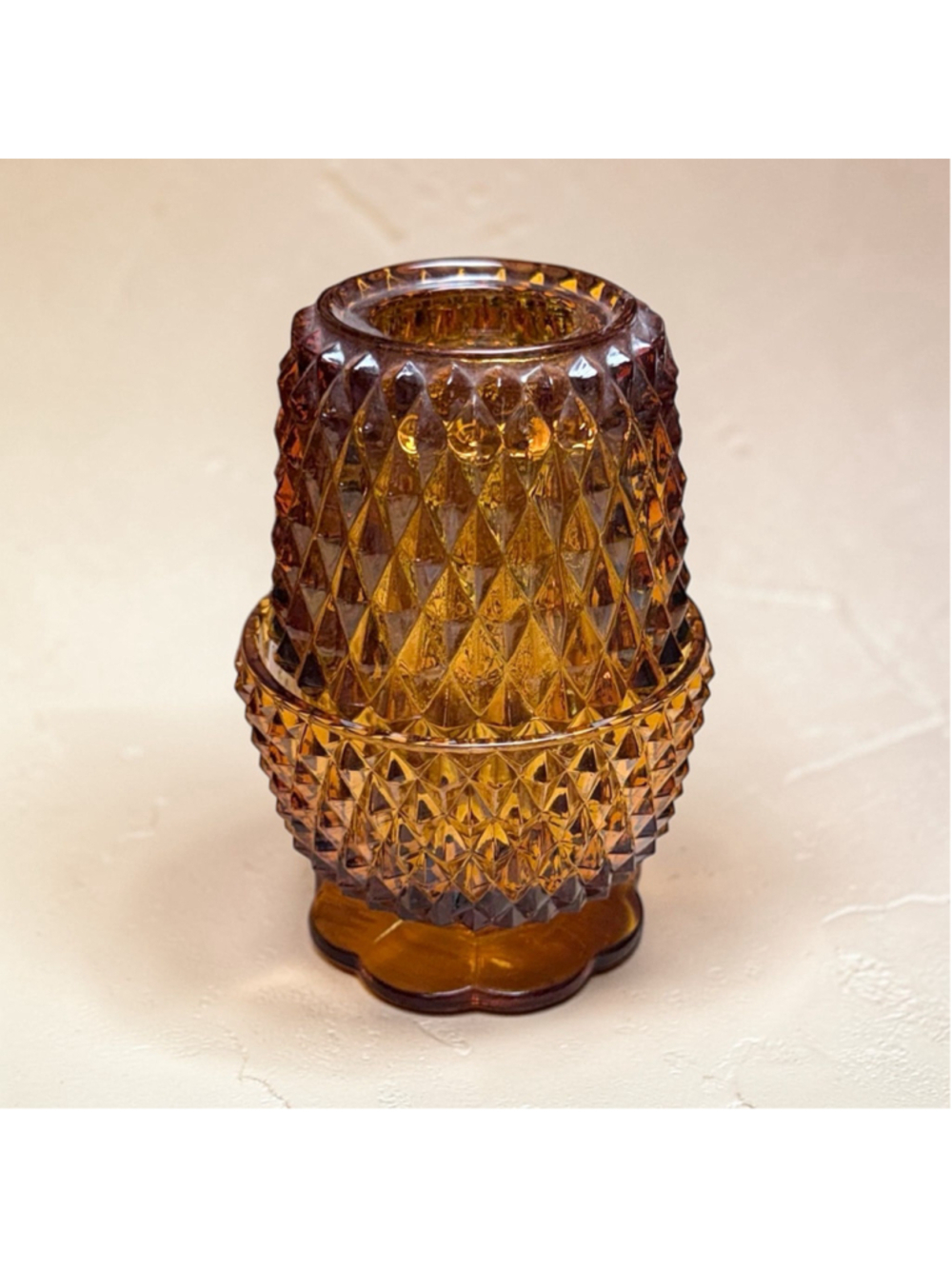 Amber Diamond Point Fairy Lamp Indiana Glass Style Vintage Candle Holder Glow